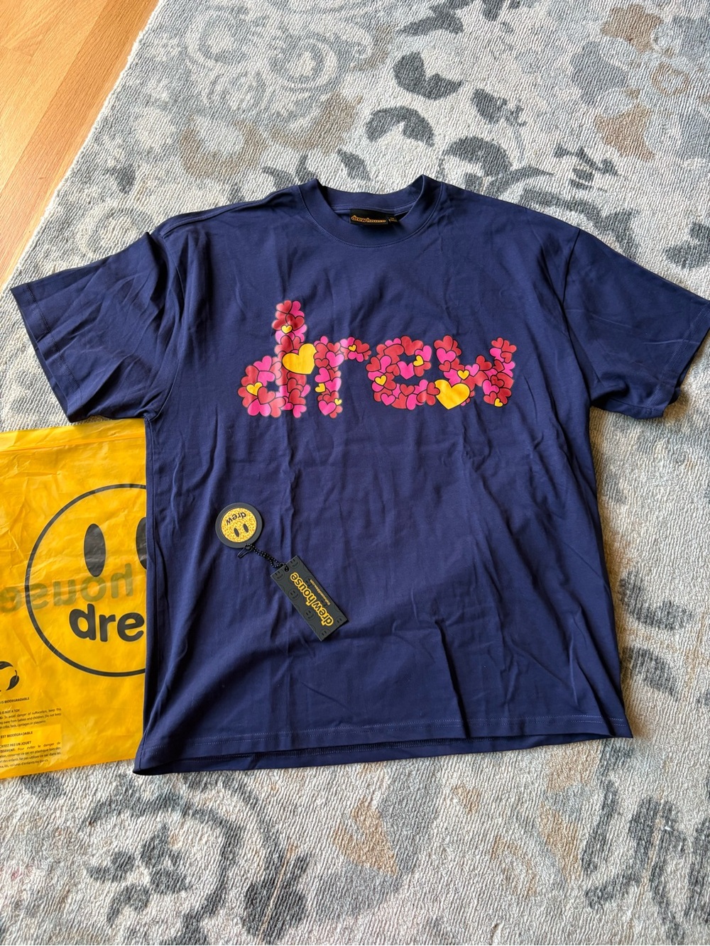 drew house adult Navy Tee with Pink & Yellow Floral 'drew' Logo